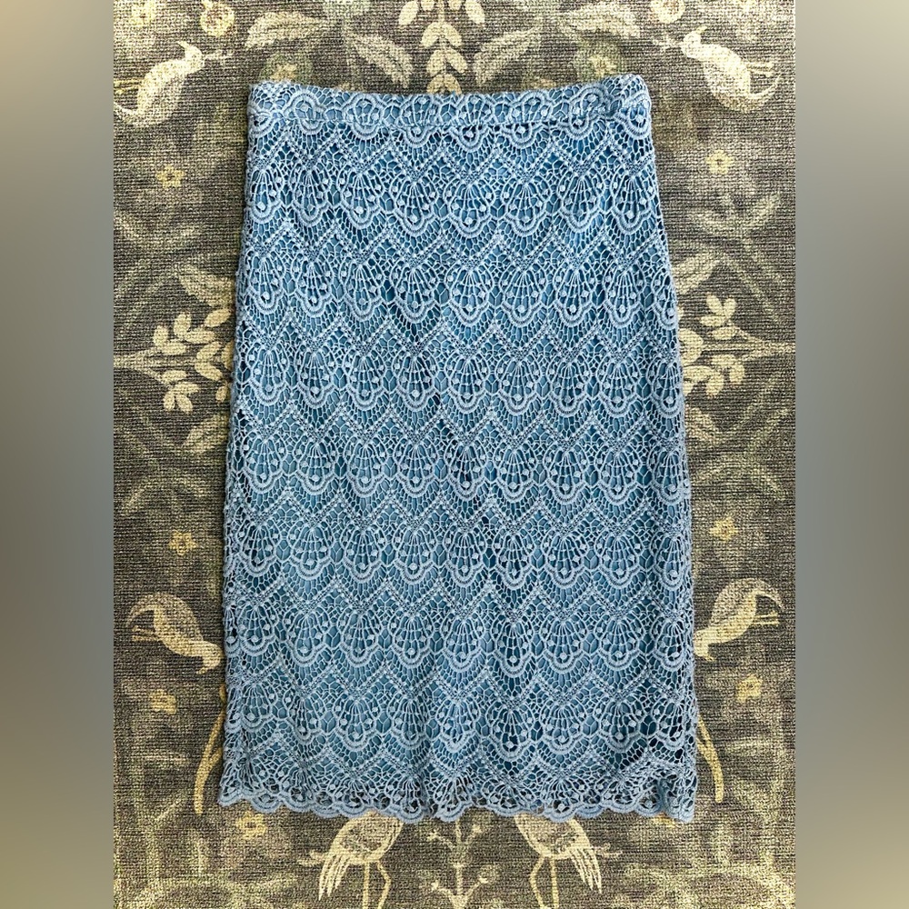 Champagne & Strawberry Blue Lace Midi Pencil Skirt | Crochet Scallop Lace